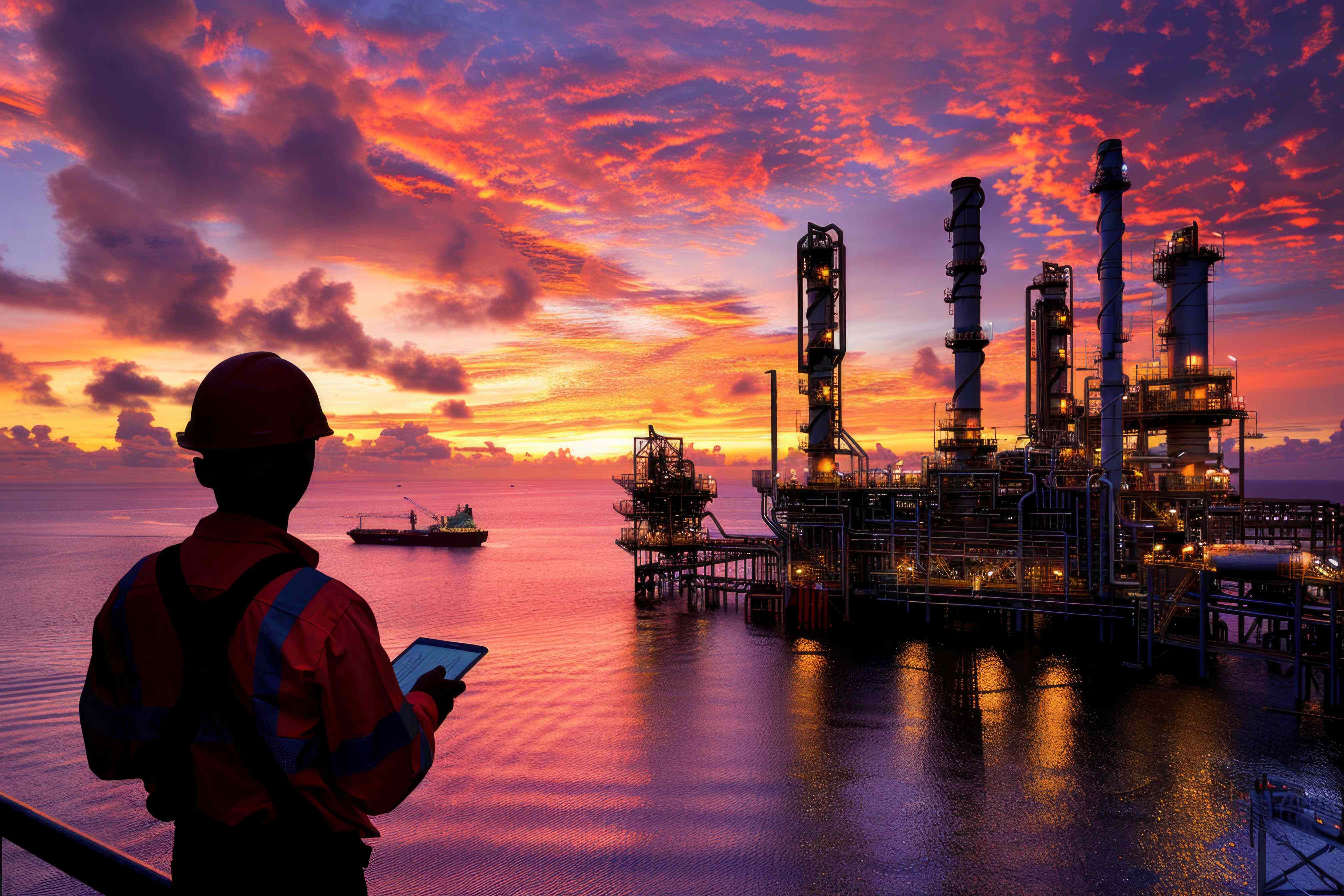 Oil refinery at sunset